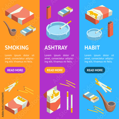 Cigarettes Accessories Smokers Signs 3d Banner Vecrtical Set Isometric View. Vector