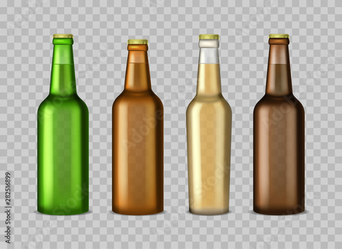 Realistic Detailed 3d Glass Beer Bottles Set. Vector