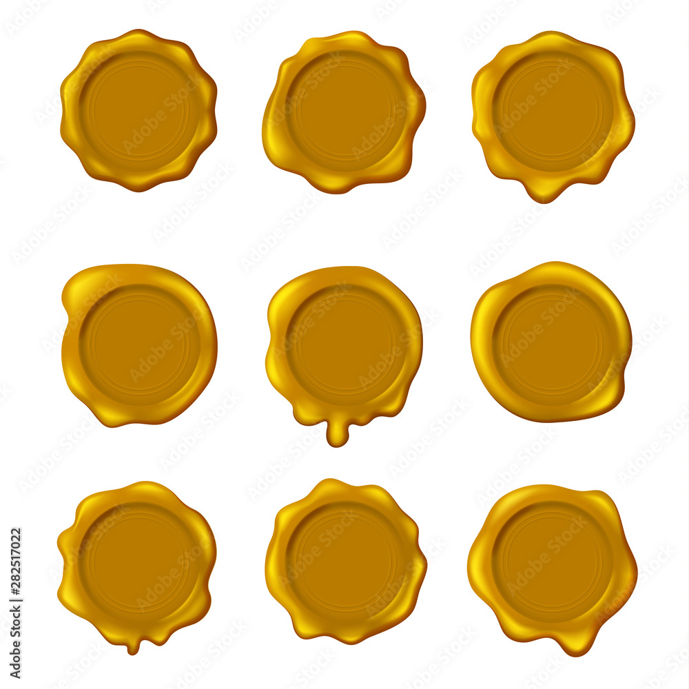 Realistic Detailed 3d Yellow Old Seal Wax Stamps Set. Vector
