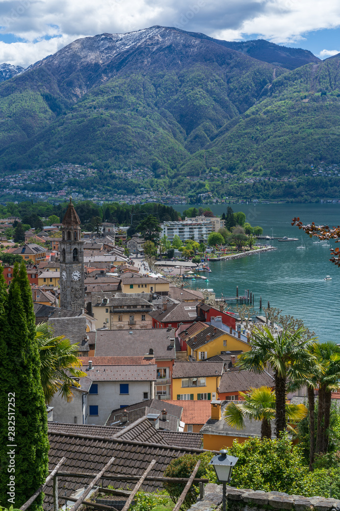 Ascona city in south of Switzerland, view from a garden