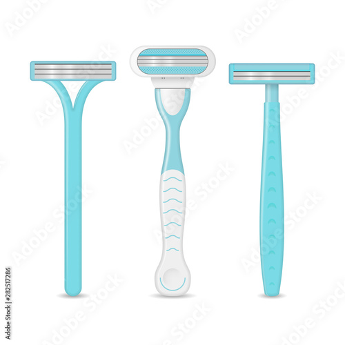 Realistic Detailed 3d Blue Shaving Razor Mockup Set. Vector