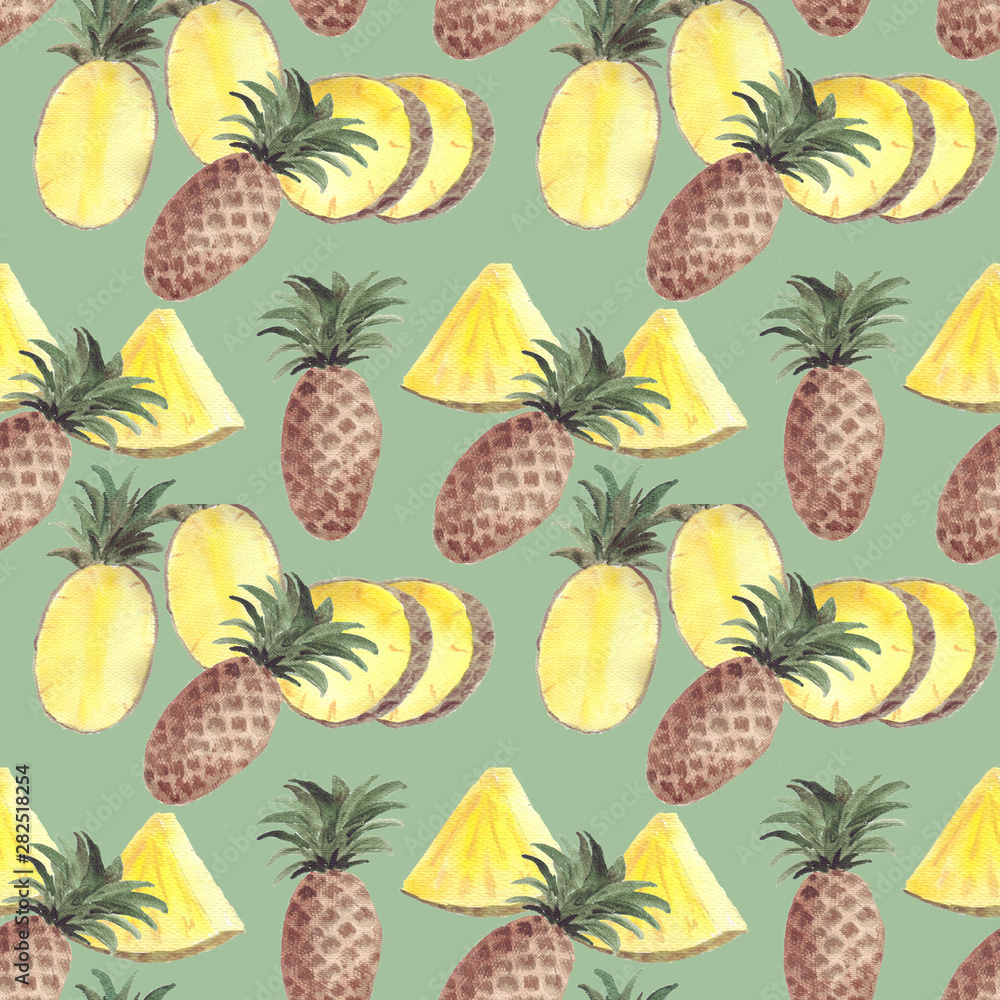 Seamless pattern with juicy halves of bright yellow and whole fruits of brown pineapples on a mint green background. Watercolor hand drawn pattern Seamless pattern with juicy halves of bright yellow and whole fruits of brown pineapples on a mint green background. Watercolor hand drawn pattern