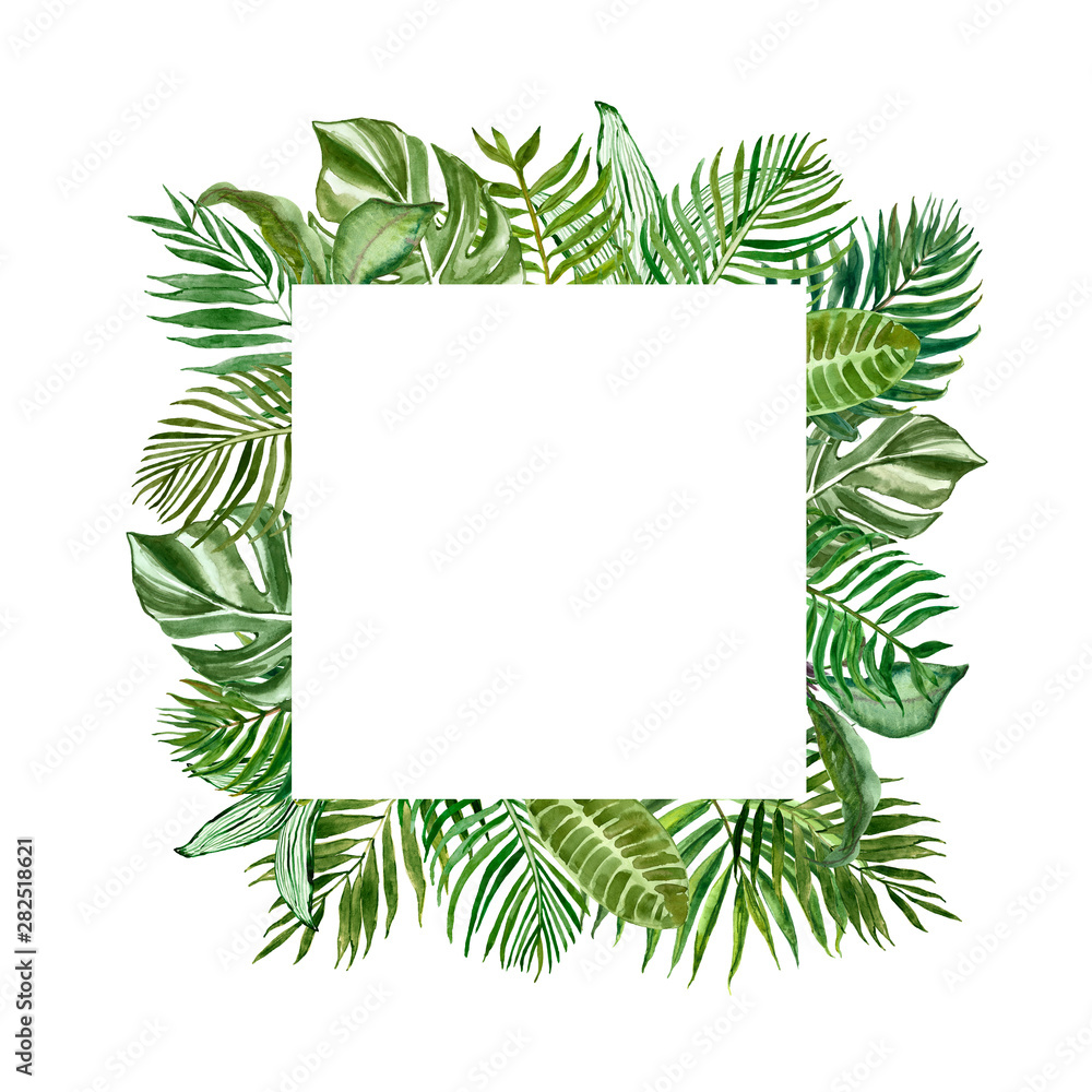 Tropical green foliage square frame for cards, banners. Watercolor summer exotic plants and leaves border on white background.