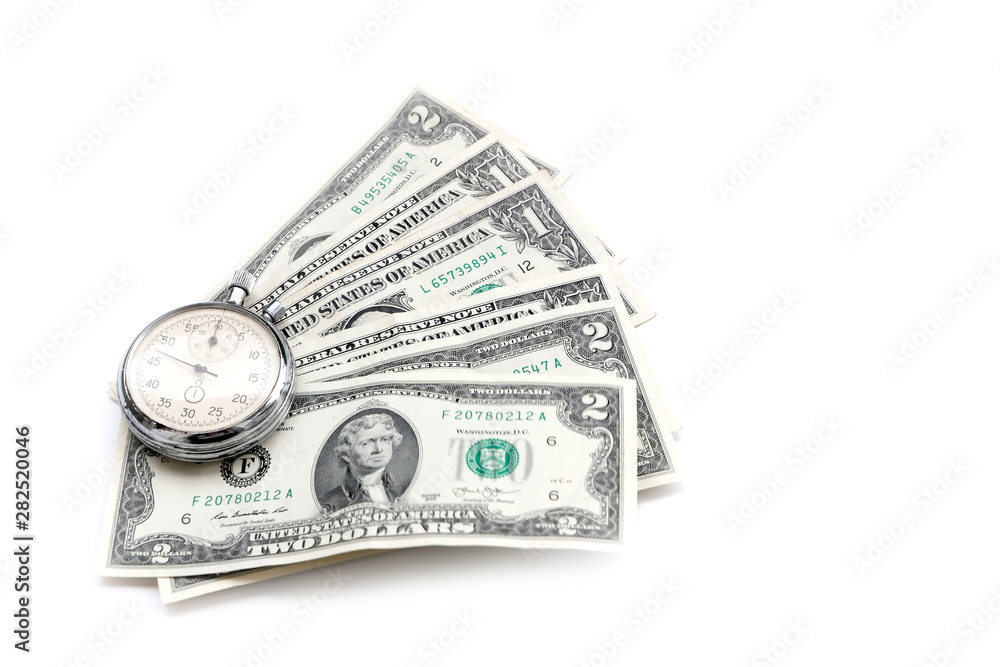 Dollars and stopwatch. Business concept of lost time and failed investments. Dollar bills in the rain. White background. Dollars and stopwatch. Business concept of lost time and failed investments. Dollar bills in the rain. White background.