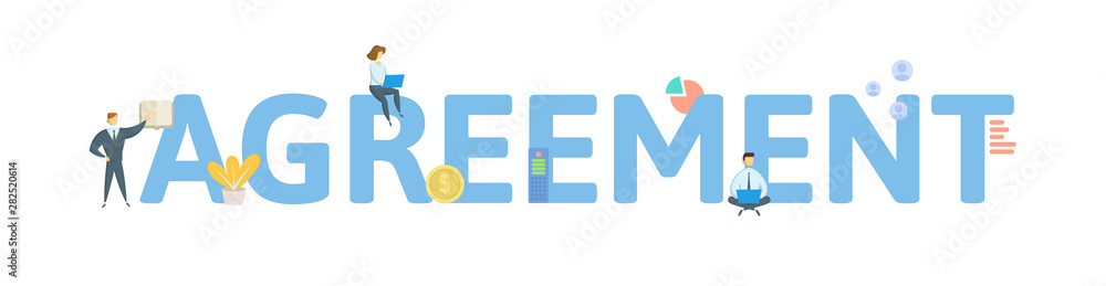 AGREEMENT. Concept with people, letters and icons. Colored flat vector illustration. Isolated on white background. AGREEMENT. Concept with people, letters and icons. Colored flat vector illustration. Isolated on white background.