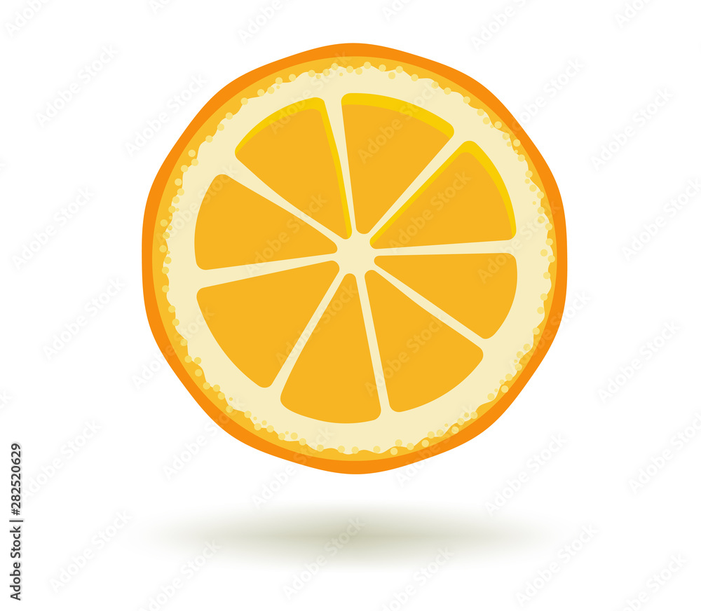 Citrus fruit. Vitamin C. Vector illustration of fresh ripe juicy orange slice with a shadow isolated on a white background. Template for animation design, icon, logo, poster, advertising Citrus fruit. Vitamin C. Vector illustration of fresh ripe juicy orange slice with a shadow isolated on a white background. Template for animation design, icon, logo, poster, advertising