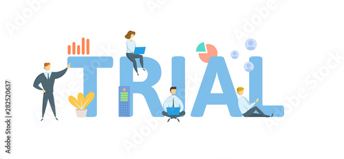 TRIAL. Concept with people, letters and icons. Colored flat vector illustration. Isolated on white background.