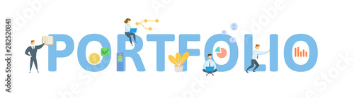 PORTFOLIO. Concept with people, letters and icons. Colored flat vector illustration. Isolated on white background.