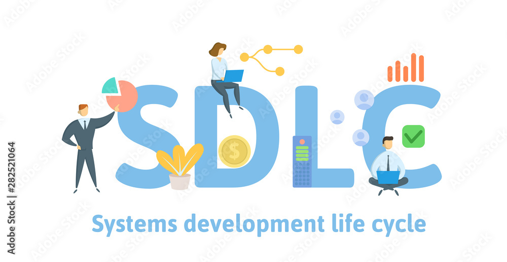SDLC, Software Development Life Cycle. Concept with people, letters and icons. Colored flat vector illustration. Isolated on white background.