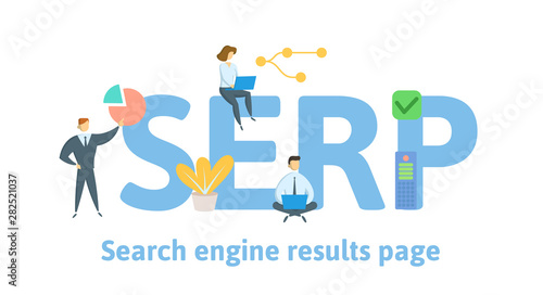 SERP, Search Engine Results Pages. Concept with people, letters and icons. Colored flat vector illustration. Isolated on white background.