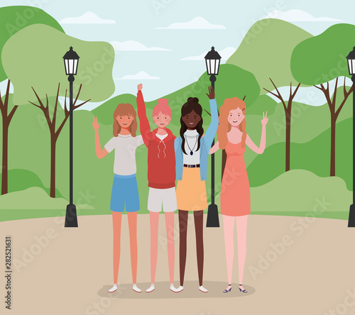 young interracial girls group in the park