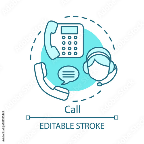 Call concept icon. Helpdesk, hotline idea thin line illustration. Call center. Information center. Infocenter. Customer service. Online support. Vector isolated outline drawing. Editable stroke