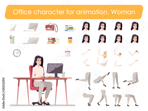 Business woman front view animated flat vector character design. Office manager, employee character animation creation cartoon set. Secretary constructor with various face emotion, gestures, legs kit