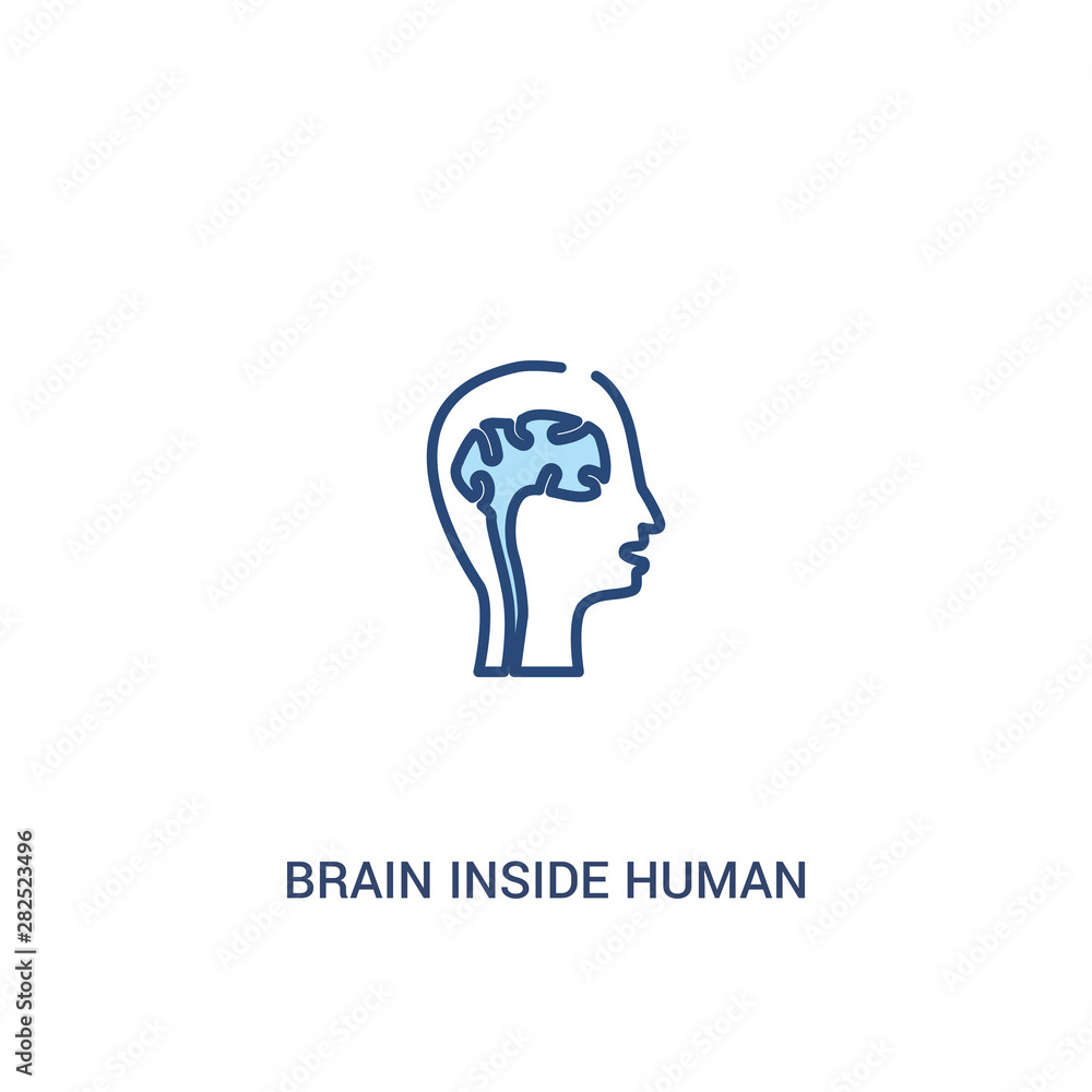 brain inside human head concept 2 colored icon. simple line element illustration. outline blue brain inside human head symbol. can be used for web and mobile ui/ux.