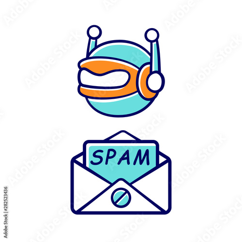 Spambot color icon. Virus advertisements, links. Spam bot. Malicious phishing sites. E-mail adresse collecting. Spam advertising software sending. Internet spammer. Isolated vector illustration