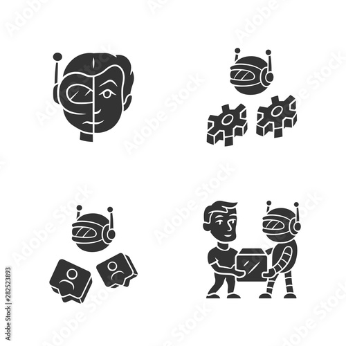 Software bot glyph icons set. Socialbot, transactional, impersonator robots. Software program. Artificial intelligence. Cyborgs, futuristic AI. Silhouette symbols. Vector isolated illustration