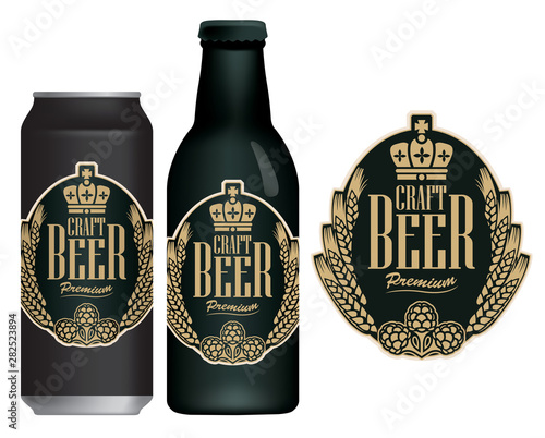 Vector label for craft beer in retro style, decorated by wheat or barley ears and crown. Sample beer label on beer can and beer bottle