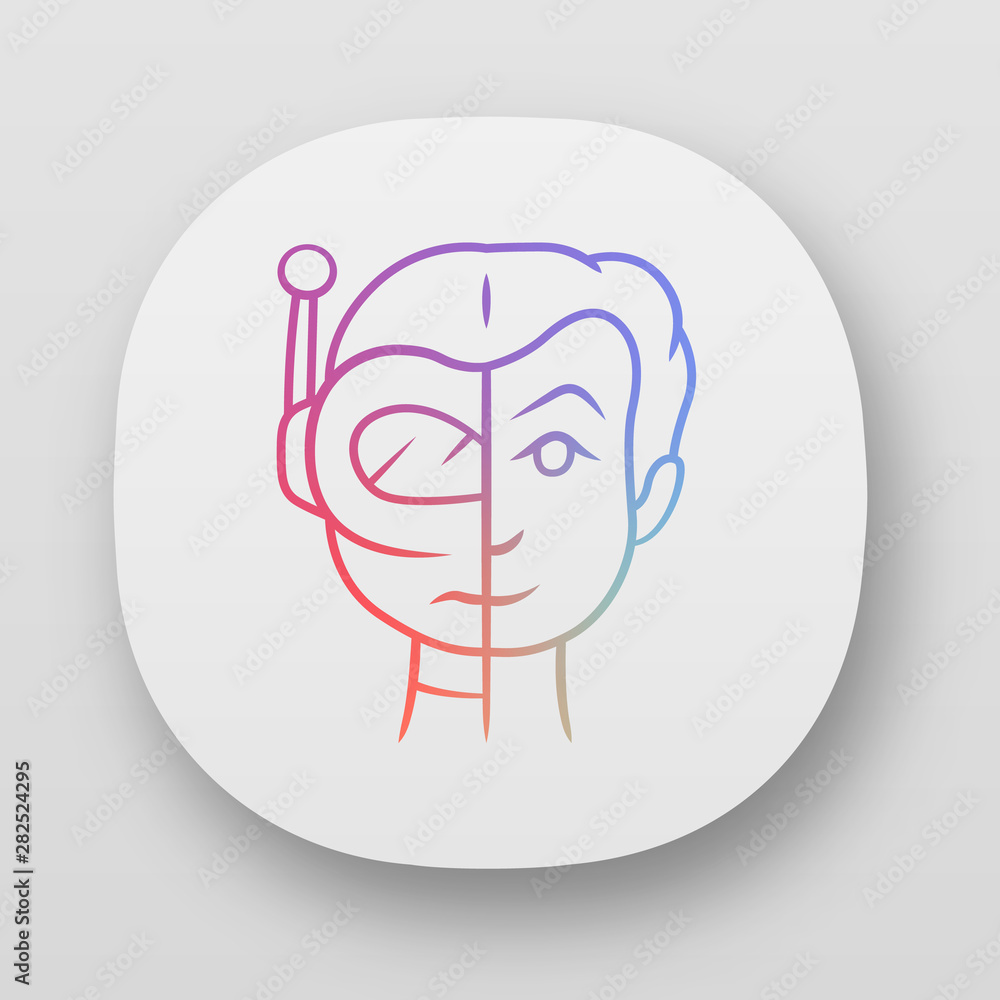 Bot impersonator app icon. Automated hacking. False identity. Robot imitator. Cybernetics. Artificial intelligence. UI/UX user interface. Web or mobile applications. Vector isolated illustrations Bot impersonator app icon. Automated hacking. False identity. Robot imitator. Cybernetics. Artificial intelligence. UI/UX user interface. Web or mobile applications. Vector isolated illustrations