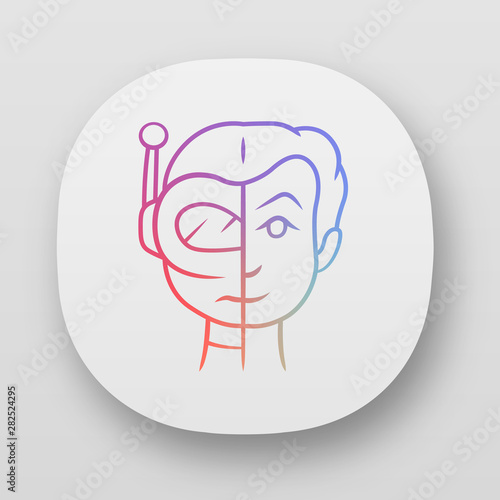 Bot impersonator app icon. Automated hacking. False identity. Robot imitator. Cybernetics. Artificial intelligence. UI/UX user interface. Web or mobile applications. Vector isolated illustrations