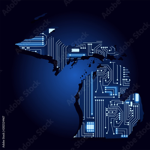 Contour map of Michigan with a technological electronics circuit. USA state. Blue background.