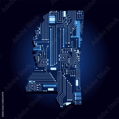 Contour map of Mississippi with a technological electronics circuit. USA state. Blue background.