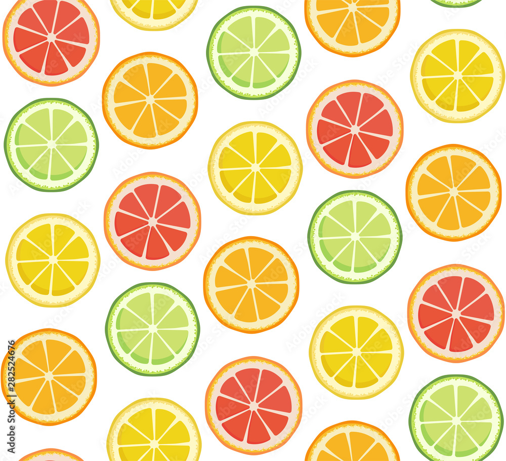 Positive bright summer fruit background in green yellow red orange colors. Vector seamless pattern. Endless texture with lime lemon orange grapefruit slices isolated on a white background. Positive bright summer fruit background in green yellow red orange colors. Vector seamless pattern. Endless texture with lime lemon orange grapefruit slices isolated on a white background.