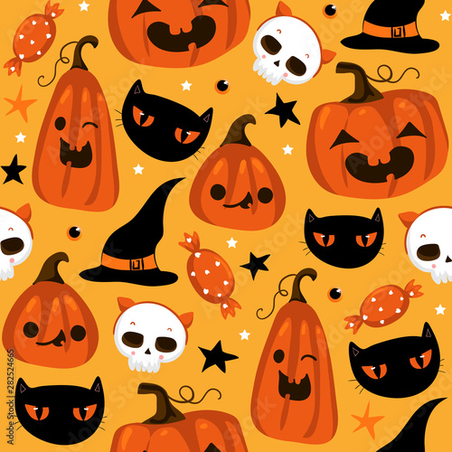 Halloween seamless pattern with cute pumpkins, black cat and other halloween elements. Halloween vector background. EPS 10