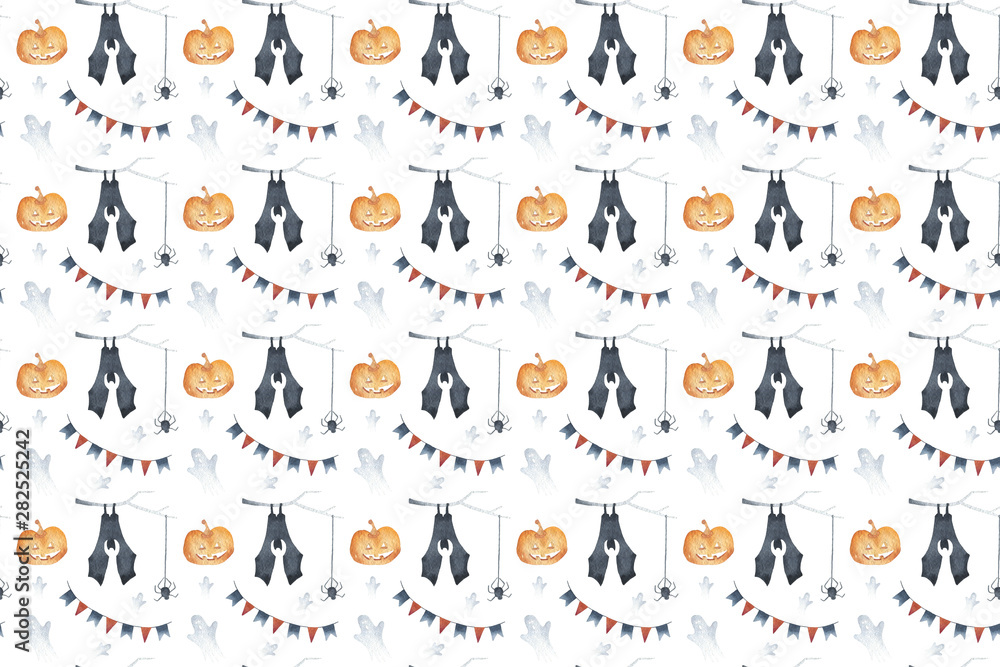 Seamless pattern happy halloween party elements set with bat on a branch, spider, pumpkin, ghost. Hand drawing watercolor isolated clip art graphic elements for creative design, printable decor.