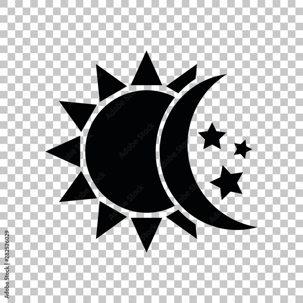 Sun, moon, stars sign. Black icon on transparent background. Illustration. Sun, moon, stars sign. Black icon on transparent background. Illustration.