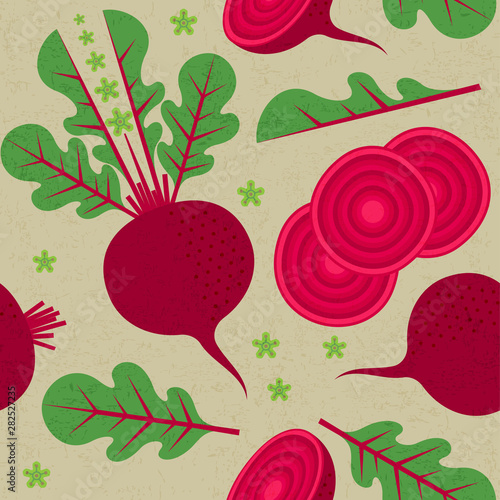 Seamless pattern. Red beetroot, leaves and flowers on shabby background. Sliced and half of beetroot. Ripe vegetables.