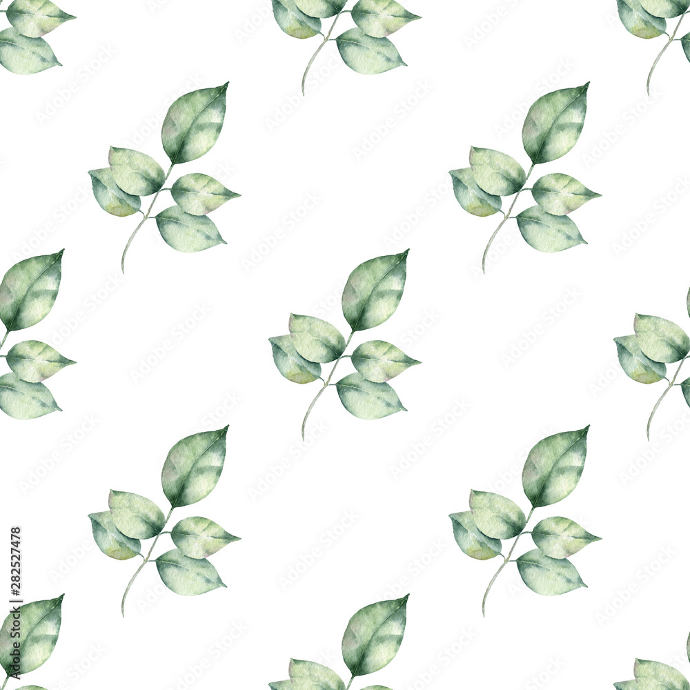 Fototapeta premium Watercolor hand painted seamless pattern of green leaves and branches.