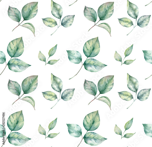 Watercolor hand painted seamless pattern of green leaves and branches.
