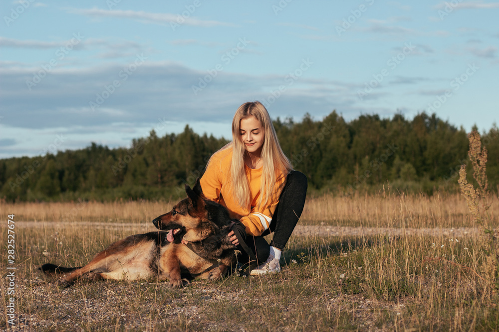 dog breed German shepherd lying in the field at the feet of a young beautiful girl