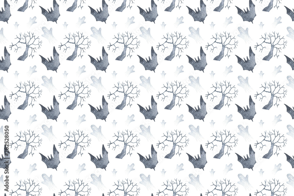Obraz premium Seamless pattern happy halloween party elements set with tree, bat, ghost. Hand drawing watercolor isolated clip art graphic elements for creative design, printable decor.