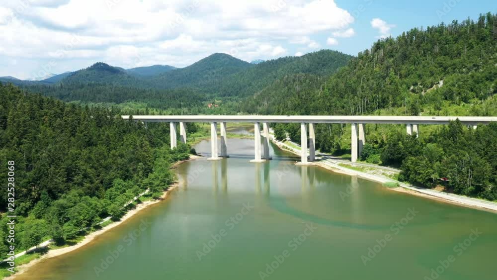 Croatia, Gorski kotar, drone highway bridge over the lake Bajer in town of Fuzine Croatia, Gorski kotar, drone highway bridge over the lake Bajer in town of Fuzine