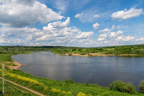 Stunning view from the hill on the Oka River and beautiful clouds in the blue sky