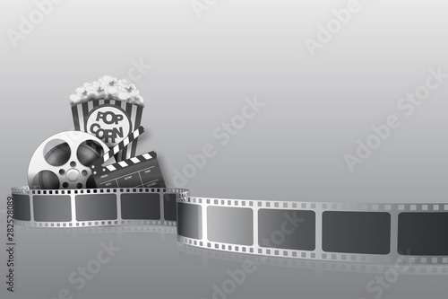 Film reel, clapper board, 3d cinema glasses, popcorn and twisted cinema tape isolated on black background. Black cinema film strip with empty space for your text. Old movie cinema banner design