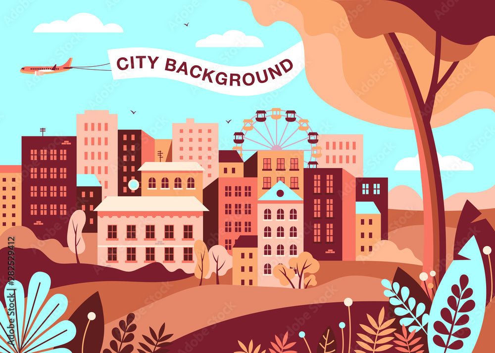 Flat style vector illustration. City landscape with leaves, trees, sky ...