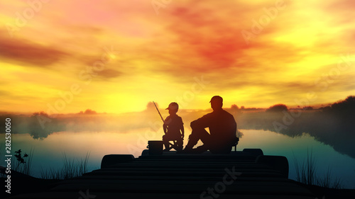 Father with son fishing in the river at dawn