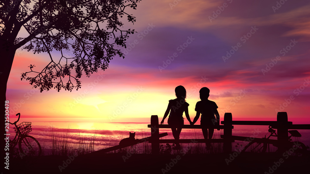 A boy and a girl sitting on the fence against bright sea sunset