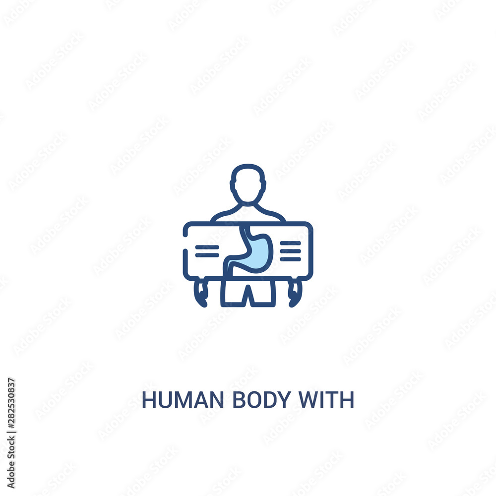 human body with x ray plate focusing on stomach concept 2 colored icon. simple line element illustration. outline blue human body with x ray plate focusing on stomach symbol. can be used for web and