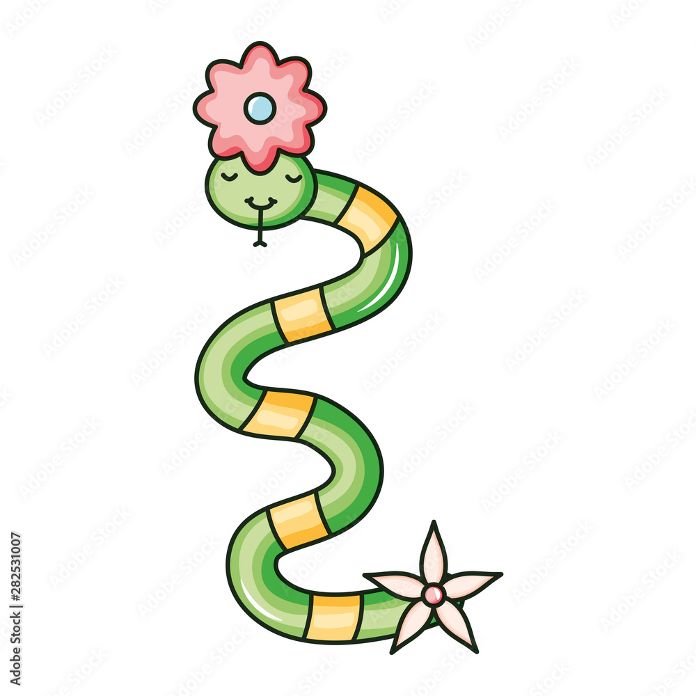 Fototapeta premium cute little snake with flowers kawaii character