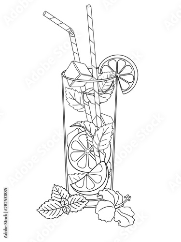 Glass cup with lemonade, tea or mojito. Drink with ice cubes and drinking straws - vector linear image for coloring. Outline.