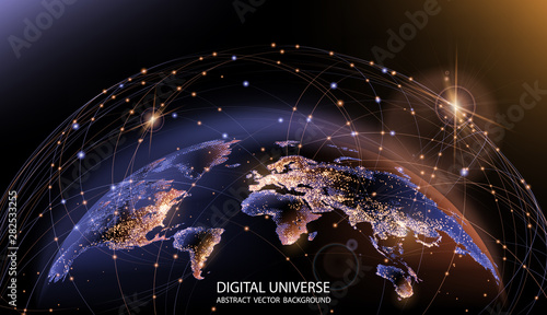 Vector. Planet Earth from space. Flickering lights of cities. Map of the mainland. Global communications system and the World Wide Web. Technologies and communications. Globalization. Luminous sphere.