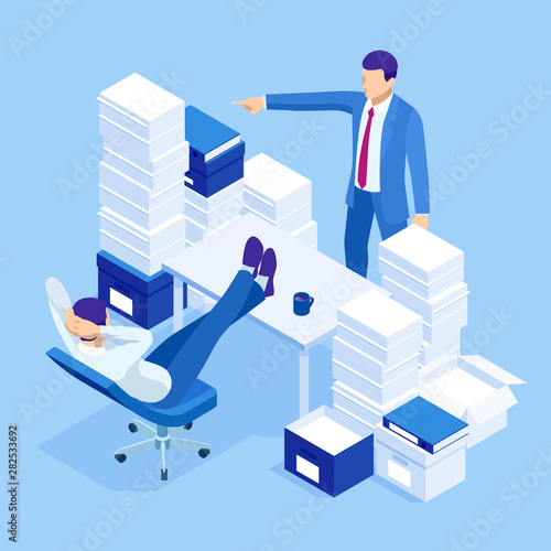 Isometric stacks of paperwork and files in the office, bureaucracy, overload. Bureaucrat in the office.