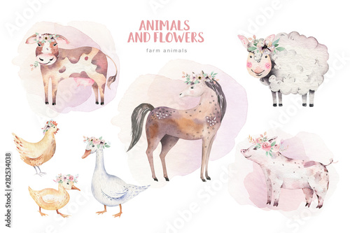 farms animal set mill. Cute domestic pets watercolor illustration. horse and goose. ranchp pig design with goat. rooster chicken and sheep  cow.