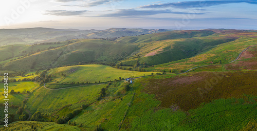Panoramic Aerial View over Farming Fields at Sunset