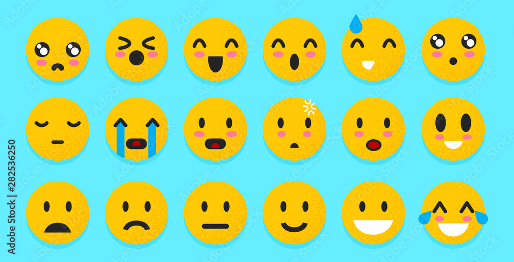 Set of yellow Emoticons. Isolated smile face. Emoji Mood on blue background . Vector illustration characters for applications and games. Happiness and joy, anger and cry. Set of yellow Emoticons. Isolated smile face. Emoji Mood on blue background . Vector illustration characters for applications and games. Happiness and joy, anger and cry.