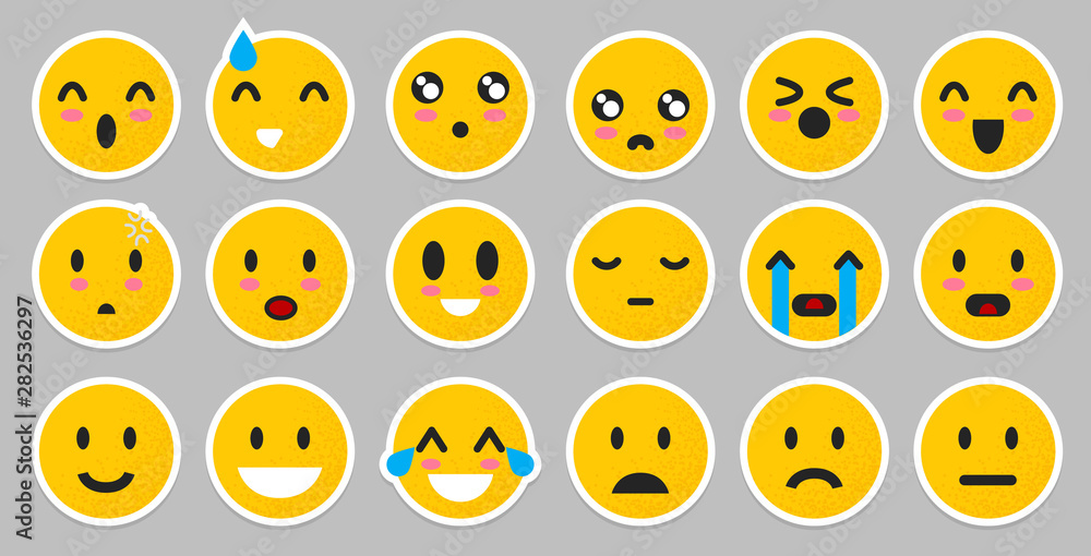 Set of yellow Emoticons. Isolated smile face. Emoji Mood on Gray background . Vector illustration characters for applications and games. Happiness and joy, anger and cry. Set of yellow Emoticons. Isolated smile face. Emoji Mood on Gray background . Vector illustration characters for applications and games. Happiness and joy, anger and cry.