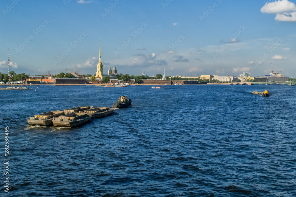 Big Neva River, St. Petersburg, Russia. June 9, 2019.Welcome Saint-Petersburg. Big Neva River, St. Petersburg, Russia. June 9, 2019.Welcome Saint-Petersburg.
